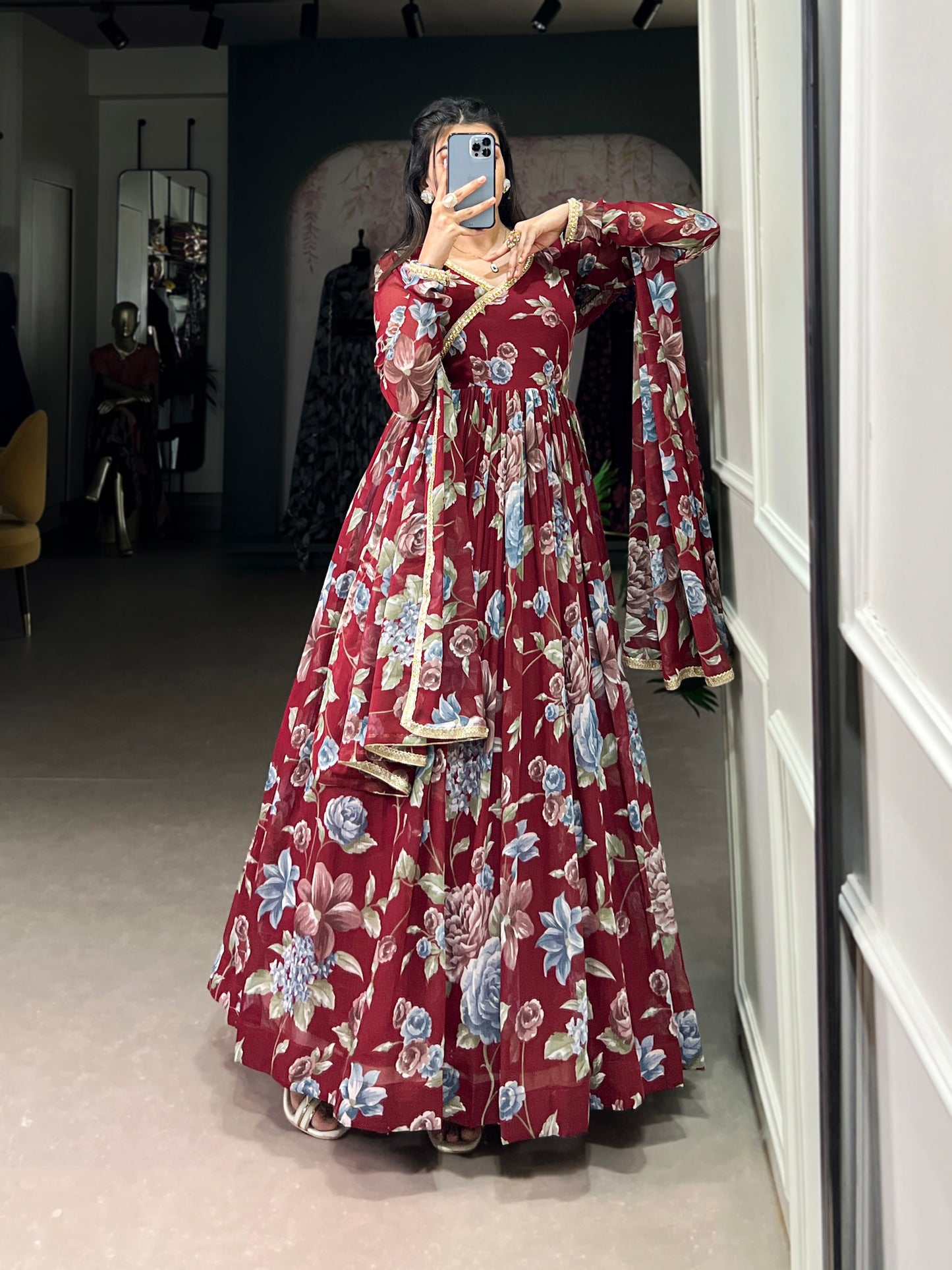 Lorenvalley Maroon Marbel Fabric Floral Print With Lace Touch Up Gown with Dupatta | Swadesiicart