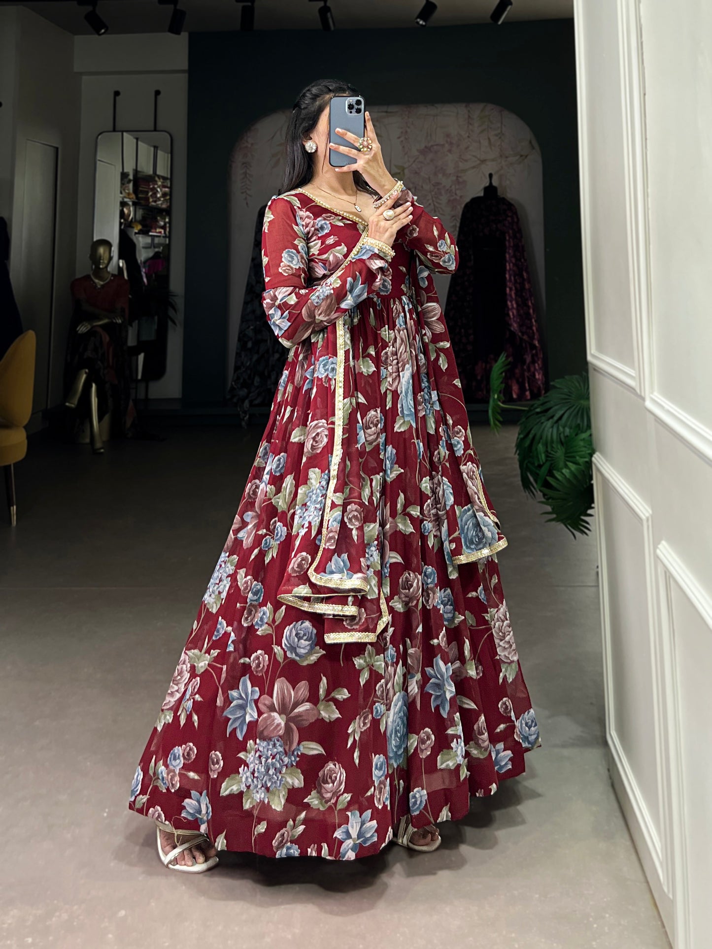 Lorenvalley Maroon Marbel Fabric Floral Print With Lace Touch Up Gown with Dupatta | Swadesiicart