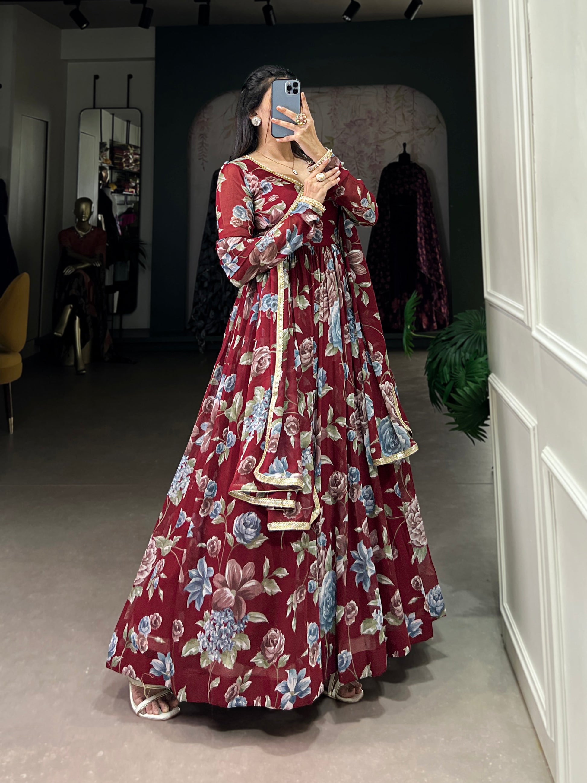 Lorenvalley Maroon Marbel Fabric Floral Print With Lace Touch Up Gown with Dupatta | Swadesiicart