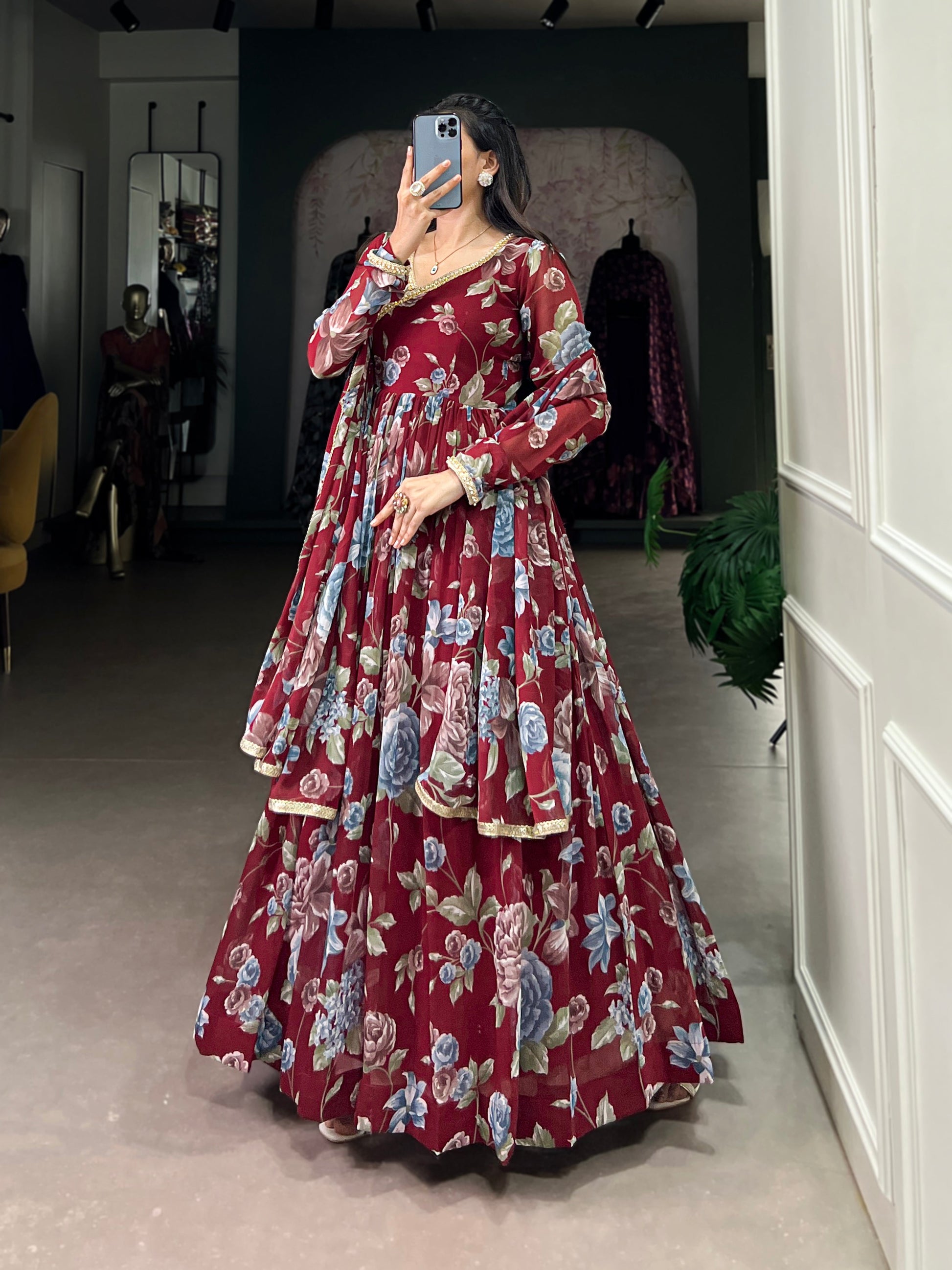 Lorenvalley Maroon Marbel Fabric Floral Print With Lace Touch Up Gown with Dupatta | Swadesiicart