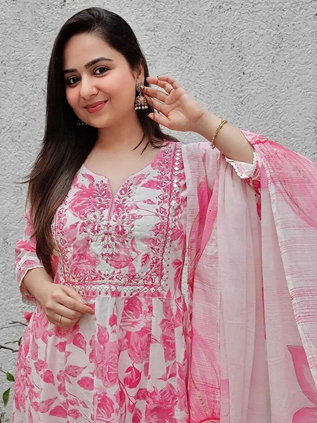Kalini Floral Printed Mirror Work Anarkali Pure Cotton Kurta with Palazzo & Dupatta - Swadesiicart