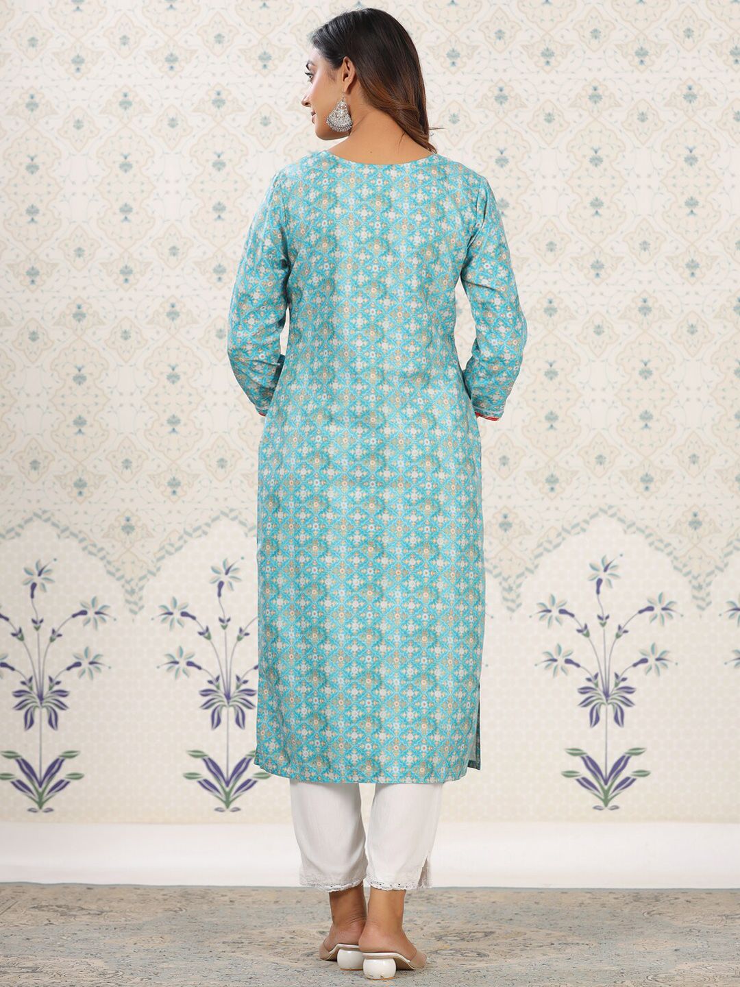 Ode by House of Pataudi Sea Green Ethnic Printed Tie-Up Neck Gotta Patti Straight Kurta - Swadesiicart