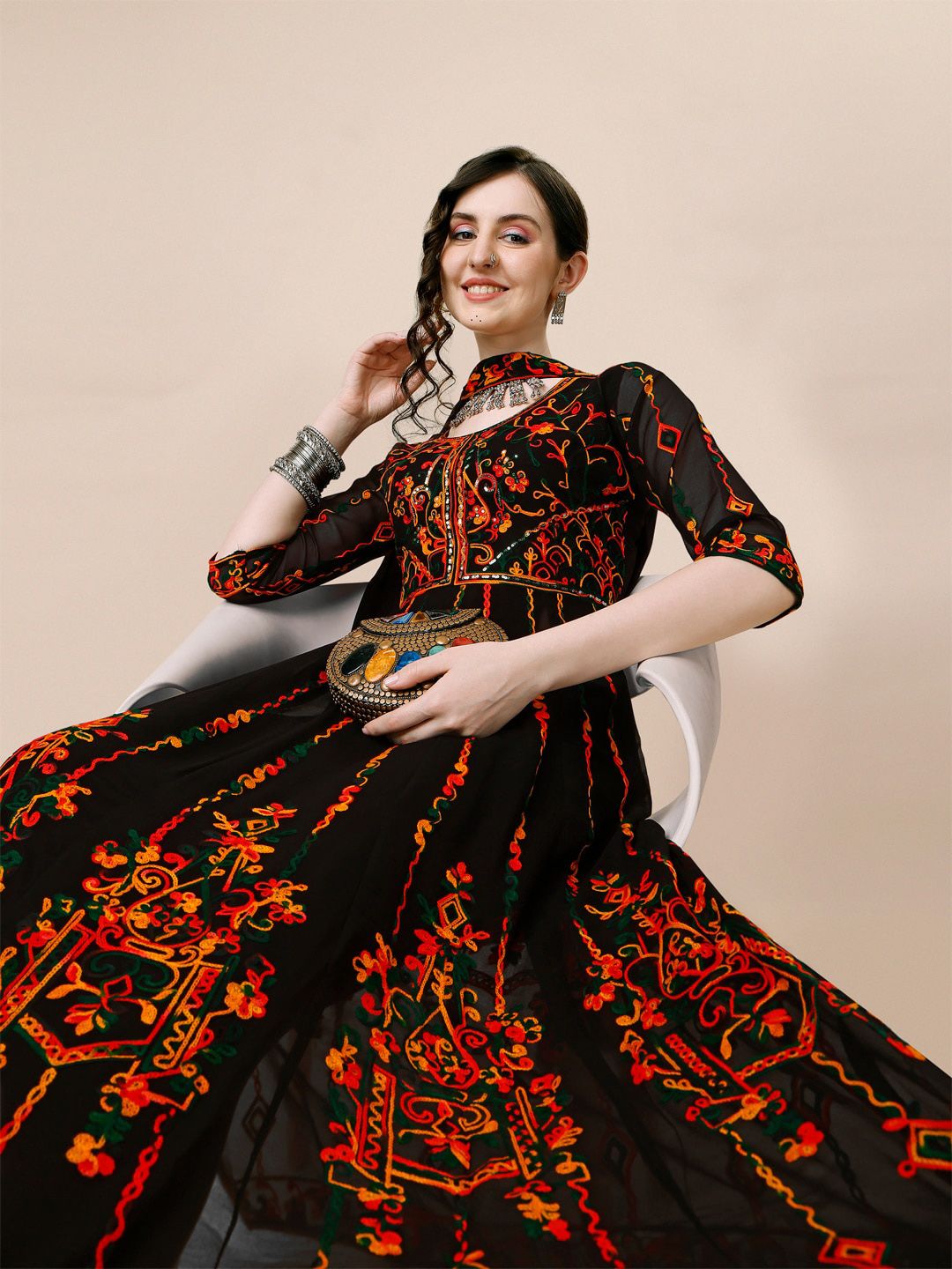 Kalini Floral Thread Work Pleated Anarkali Kurta with Dupatta - Swadesiicart