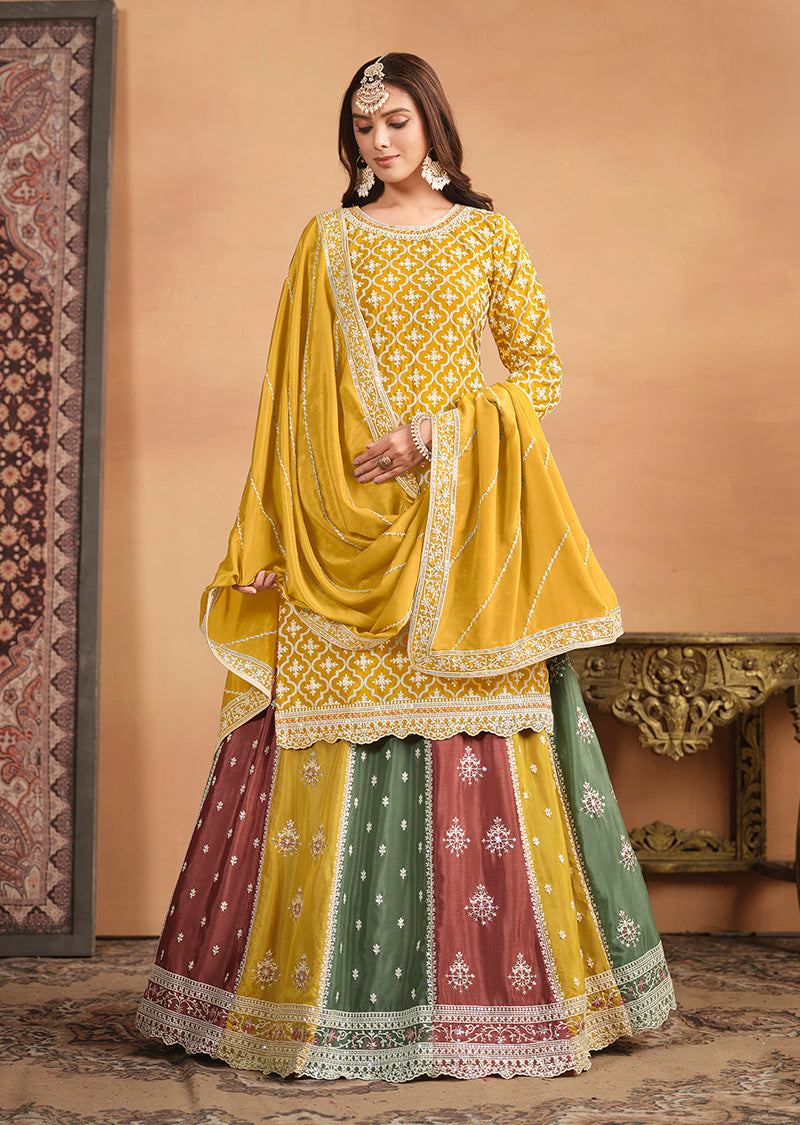 Monjolika Fashion Embroidered Chinon Silk Ethnic Lehenga In Mustard - Swadesiicart