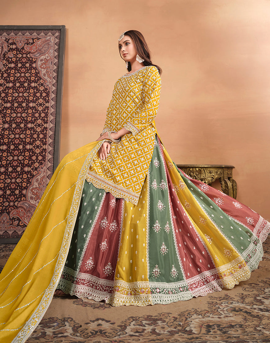 Monjolika Fashion Embroidered Chinon Silk Ethnic Lehenga In Mustard - Swadesiicart