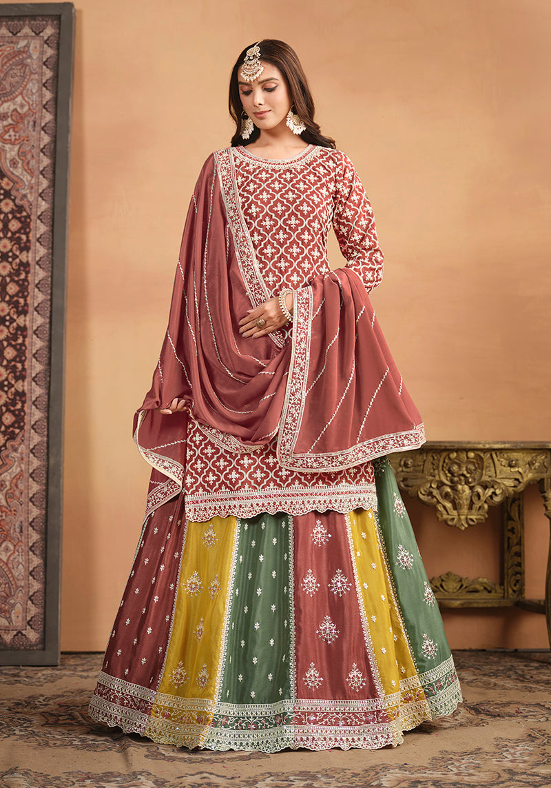 Monjolika Fashion Embroidered Chinon Silk Ethnic Lehenga In Rust Pink - Swadesiicart