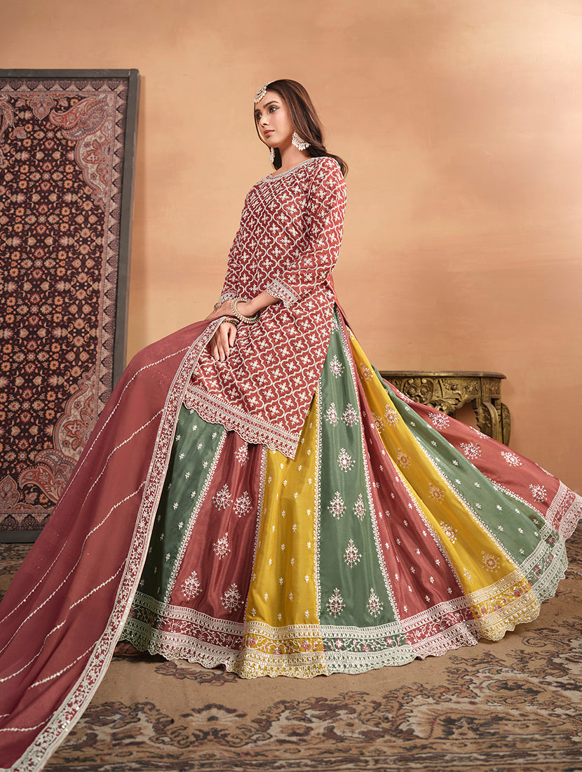 Monjolika Fashion Embroidered Chinon Silk Ethnic Lehenga In Rust Pink - Swadesiicart