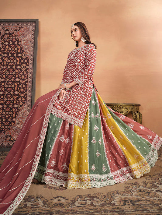 Monjolika Fashion Embroidered Chinon Silk Ethnic Lehenga In Rust Pink - Swadesiicart