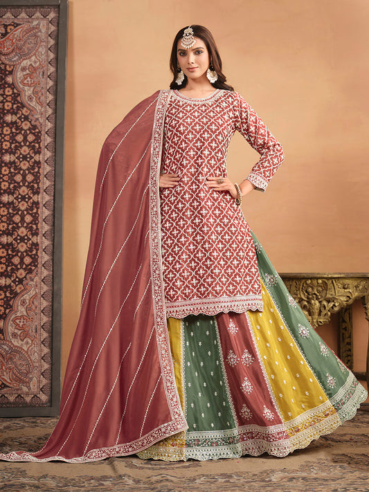 Monjolika Fashion Embroidered Chinon Silk Ethnic Lehenga In Rust Pink - Swadesiicart