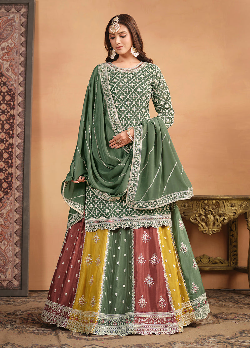Monjolika Fashion Embroidered Chinon Silk Ethnic Lehenga In Green - Swadesiicart