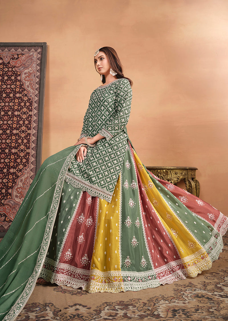 Monjolika Fashion Embroidered Chinon Silk Ethnic Lehenga In Green - Swadesiicart