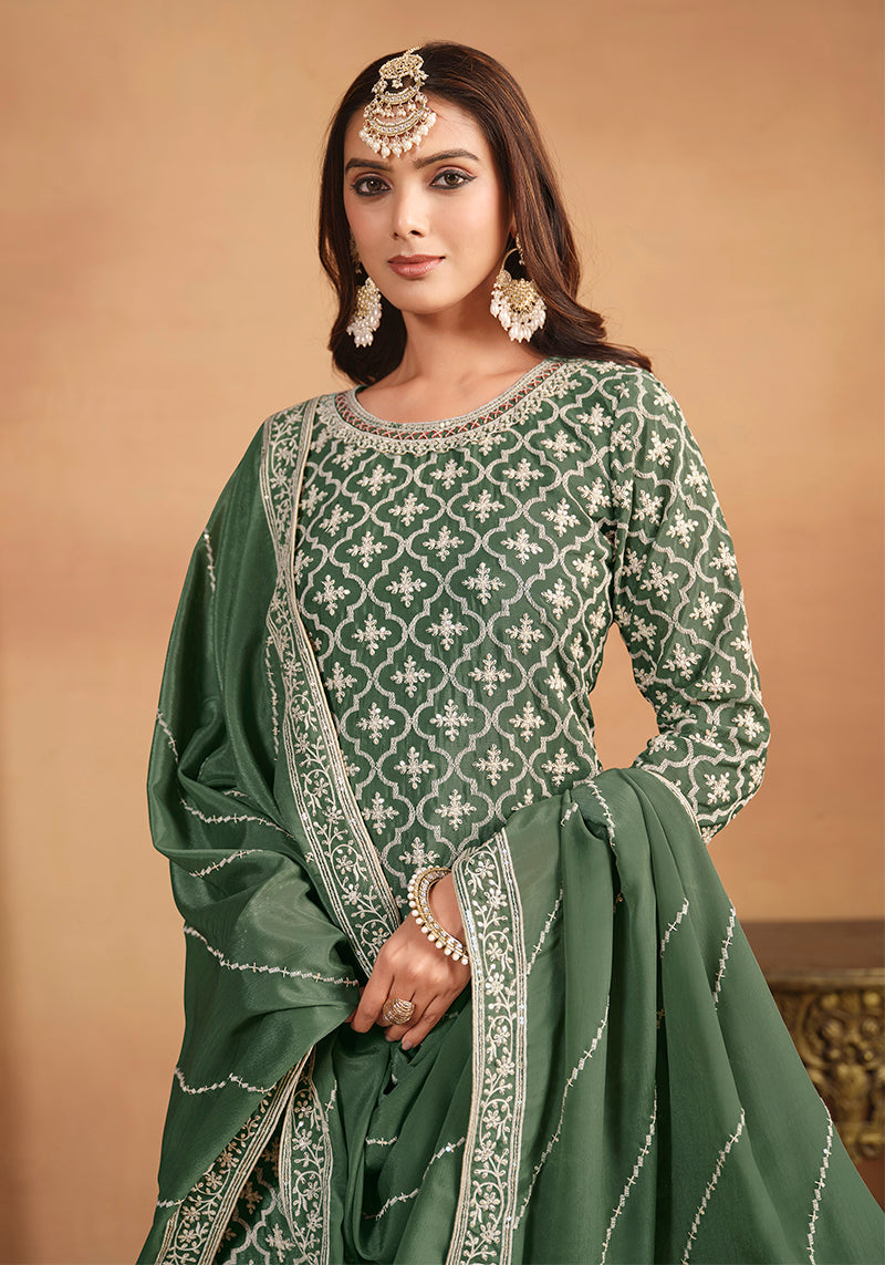 Monjolika Fashion Embroidered Chinon Silk Ethnic Lehenga In Green - Swadesiicart