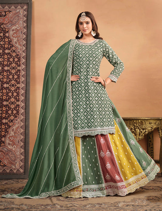 Monjolika Fashion Embroidered Chinon Silk Ethnic Lehenga In Green - Swadesiicart