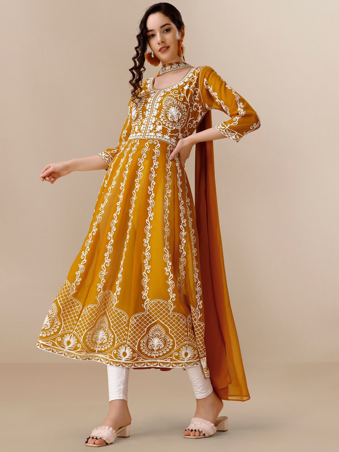 HERE&NOW Floral Lucknowi Chikankari Embroidered Georgette Anarkali Kurta with Dupatta | Swadesiicart