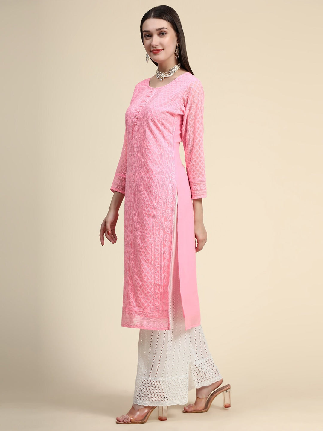 Kalini Paisley Embroidered Chikankari Straight Georgette Kurta | Swadesiicart