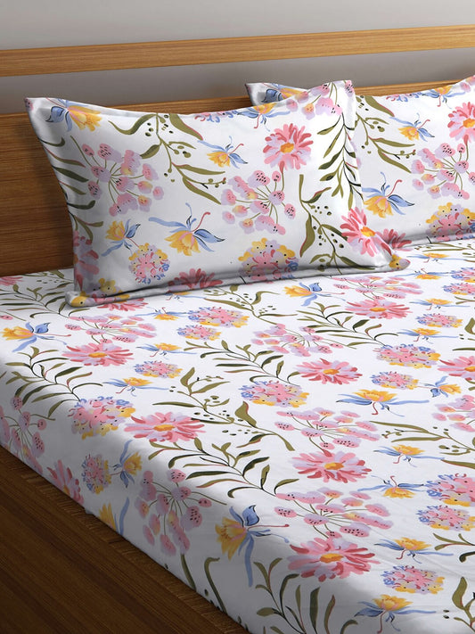 KLOTTHE Floral 300 TC Fitted Super King Bedsheet with 2 Pillow Covers - Swadesiicart