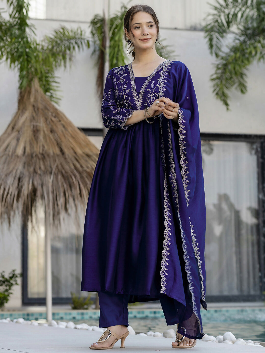 The52 Blue Women's Beautiful Embroidered Vichitra Silk Fabric with Flared Kurta, Pant and Dupatta Set - Swadesiicart