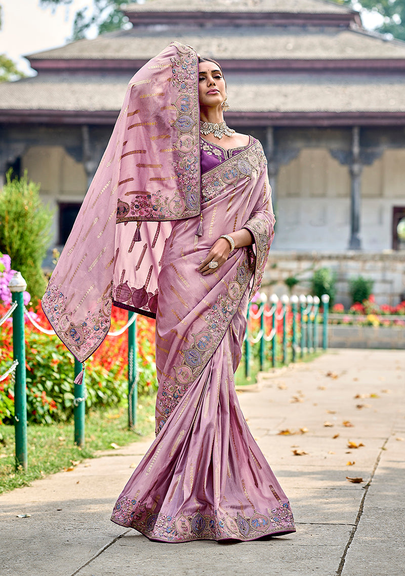 Monjolika Fashion Mauve Colour Banarasi Silk Embroidered Woven Saree With Blouse | Swadesiicart