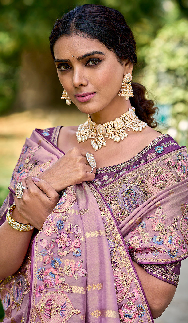 Monjolika Fashion Mauve Colour Banarasi Silk Embroidered Woven Saree With Blouse | Swadesiicart