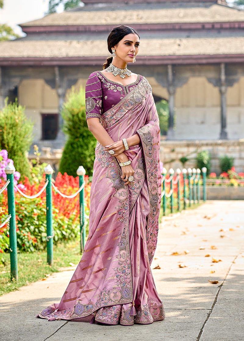 Monjolika Fashion Mauve Colour Banarasi Silk Embroidered Woven Saree With Blouse | Swadesiicart