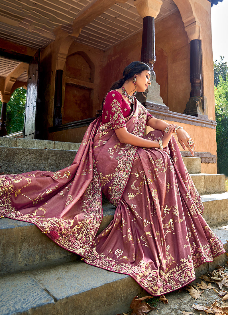Monjolika Fashion Dark Mauve Colour Banarasi Silk Embroidered Woven Saree With Blouse | Swadesiicart