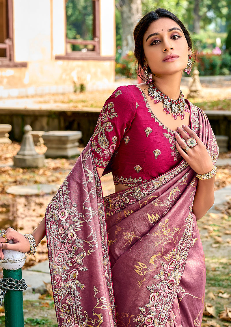 Monjolika Fashion Dark Mauve Colour Banarasi Silk Embroidered Woven Saree With Blouse | Swadesiicart