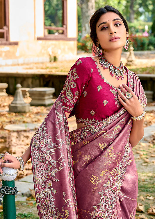 Monjolika Fashion Dark Mauve Colour Banarasi Silk Embroidered Woven Saree With Blouse | Swadesiicart