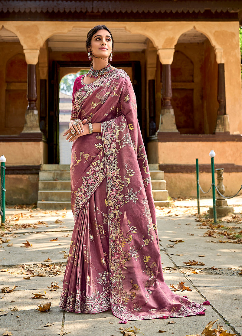 Monjolika Fashion Dark Mauve Colour Banarasi Silk Embroidered Woven Saree With Blouse | Swadesiicart
