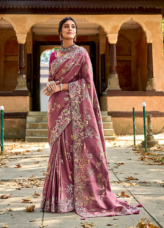 Monjolika Fashion Dark Mauve Colour Banarasi Silk Embroidered Woven Saree With Blouse | Swadesiicart