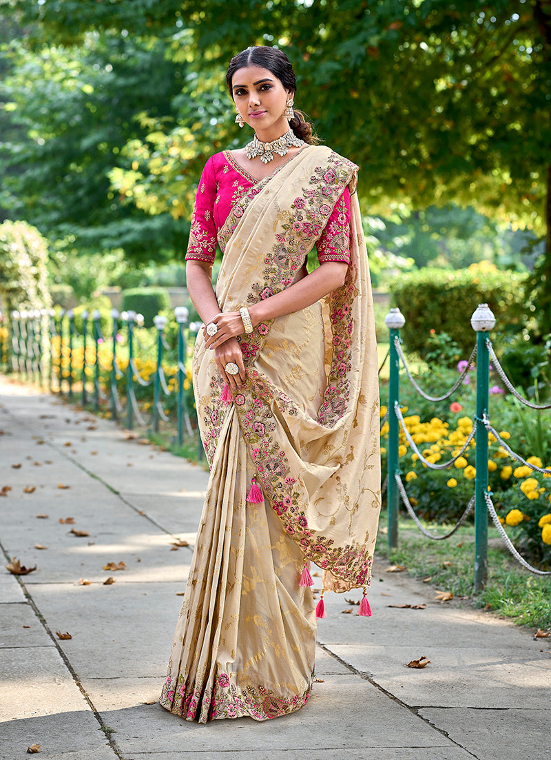 Monjolika Fashion Cream Colour Banarasi Silk Embroidered Woven Saree With Blouse | Swadesiicart