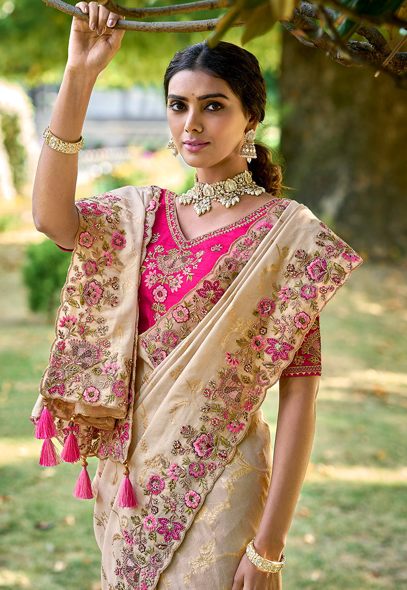 Monjolika Fashion Cream Colour Banarasi Silk Embroidered Woven Saree With Blouse | Swadesiicart