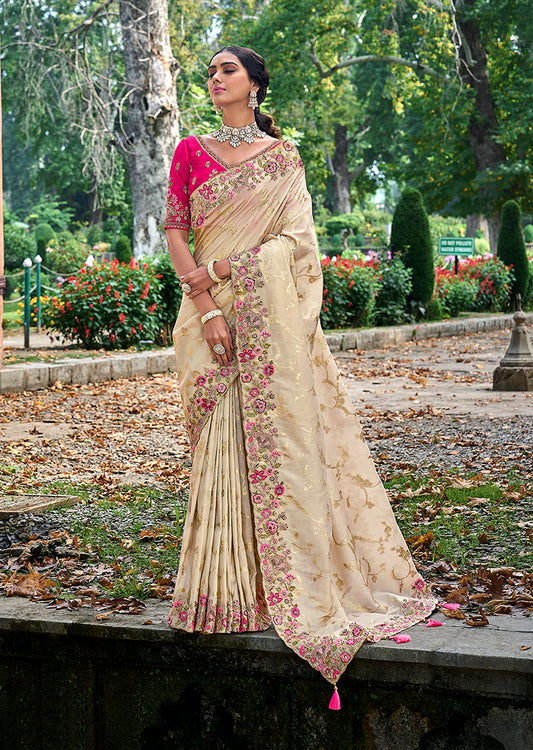 Monjolika Fashion Cream Colour Banarasi Silk Embroidered Woven Saree With Blouse | Swadesiicart