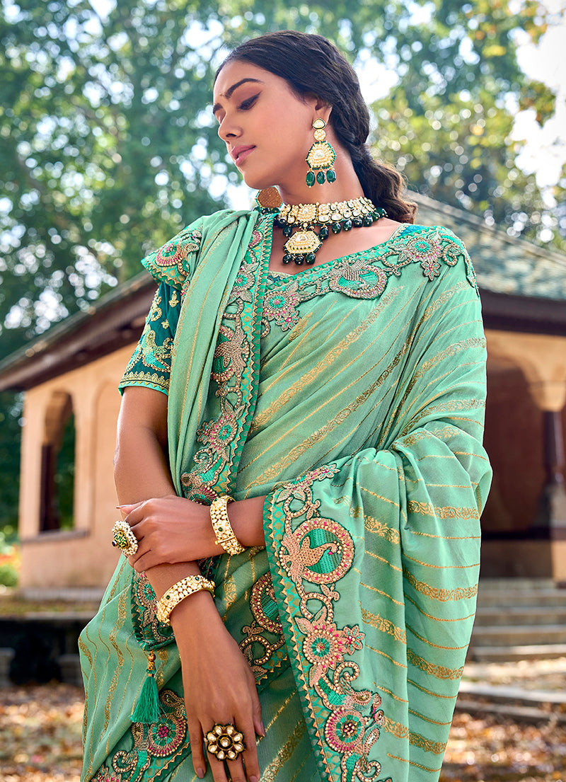 Monjolika Fashion Sea Green Colour Banarasi Silk Embroidered Woven Saree With Blouse | Swadesiicart