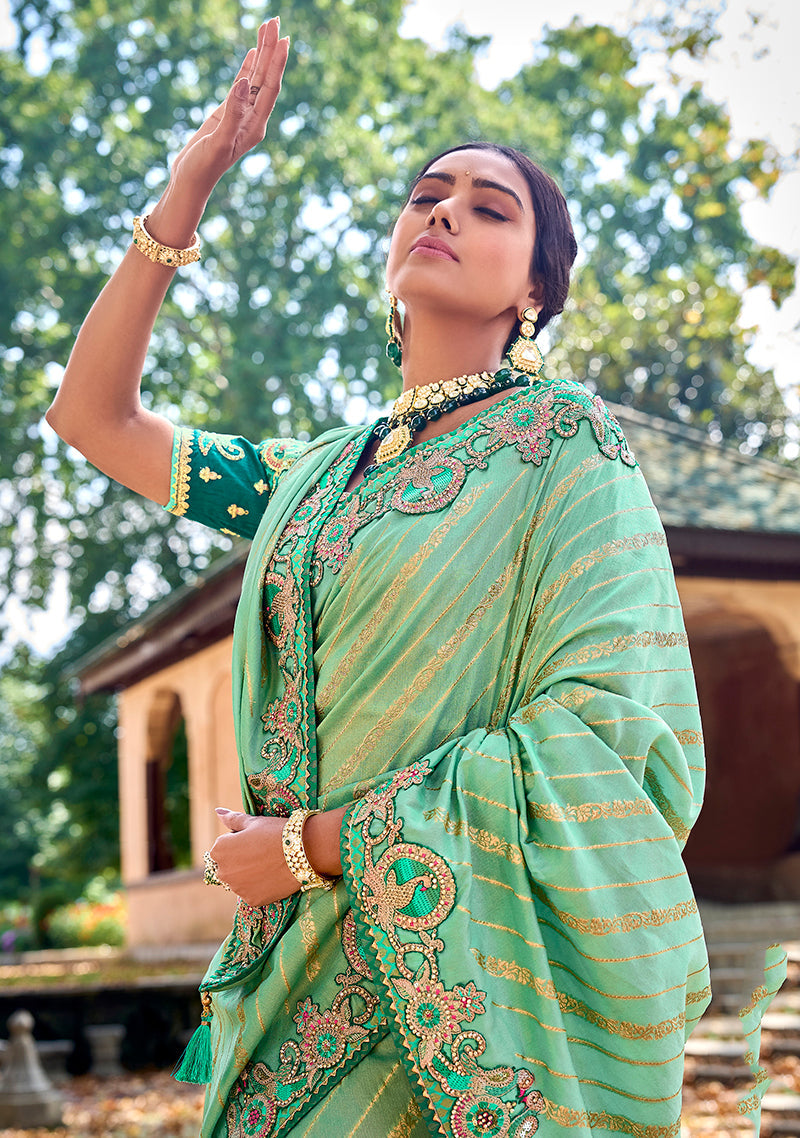 Monjolika Fashion Sea Green Colour Banarasi Silk Embroidered Woven Saree With Blouse | Swadesiicart