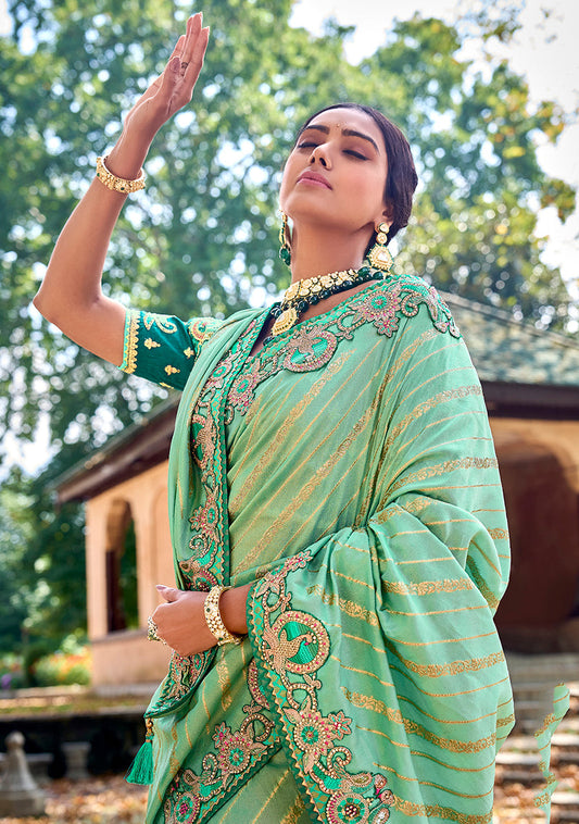 Monjolika Fashion Sea Green Colour Banarasi Silk Embroidered Woven Saree With Blouse | Swadesiicart