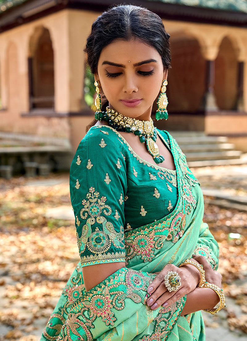 Monjolika Fashion Sea Green Colour Banarasi Silk Embroidered Woven Saree With Blouse | Swadesiicart