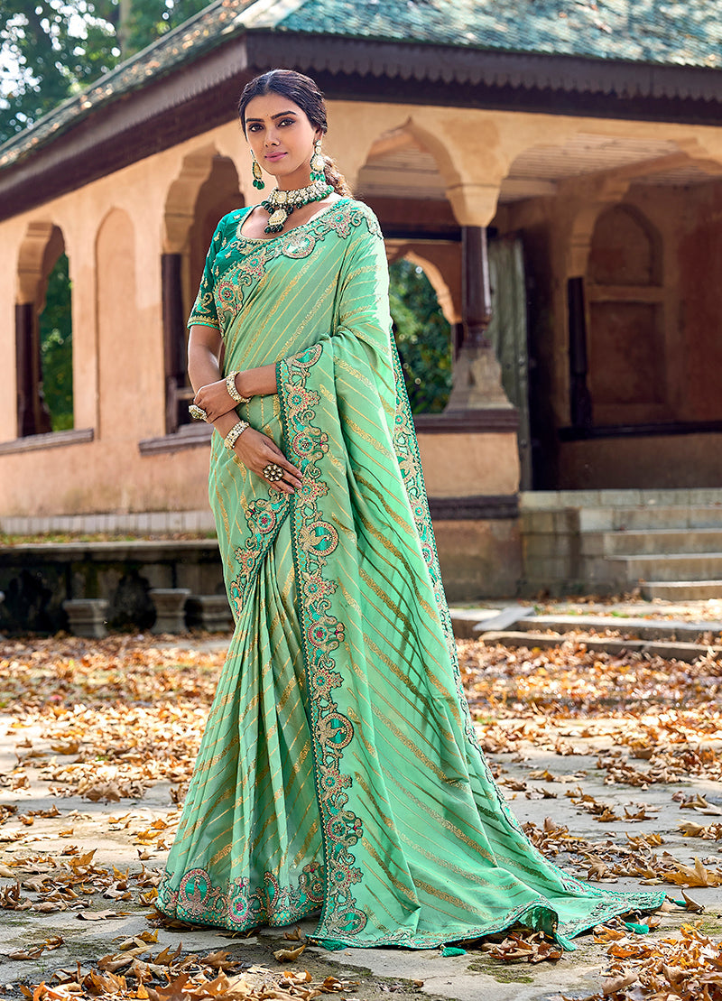 Monjolika Fashion Sea Green Colour Banarasi Silk Embroidered Woven Saree With Blouse | Swadesiicart
