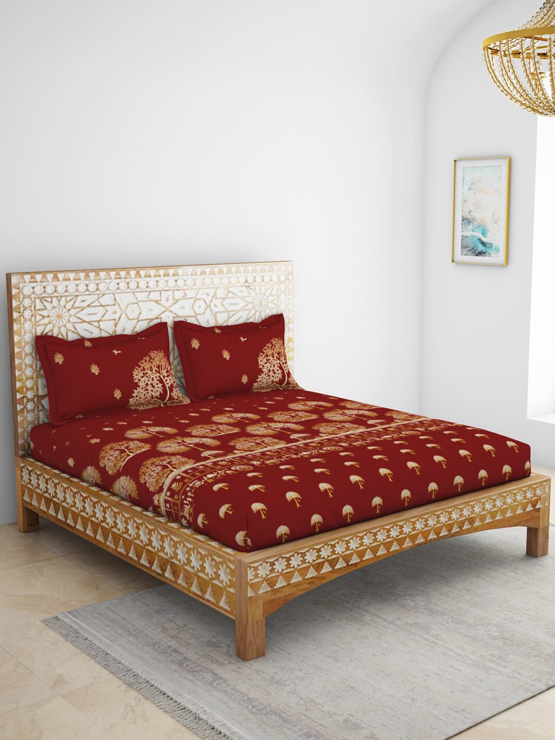 SPACES Red & Yellow Ethnic Motifs Cotton 210 TC King Bedsheet With 2 Pillow Covers - Swadesiicart