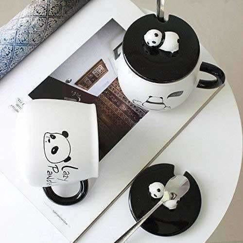 Panda Ceramic Mug with Ceramic Lid and Spoon(Random Design)-300 ML (Pack of 1) - Swadesiicart