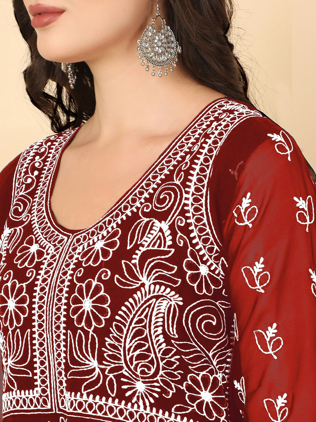 HERE&NOW Scoop Neck Chikankari Embroidered Thread Work Georgette Anarkali Kurta | Swadesiicart