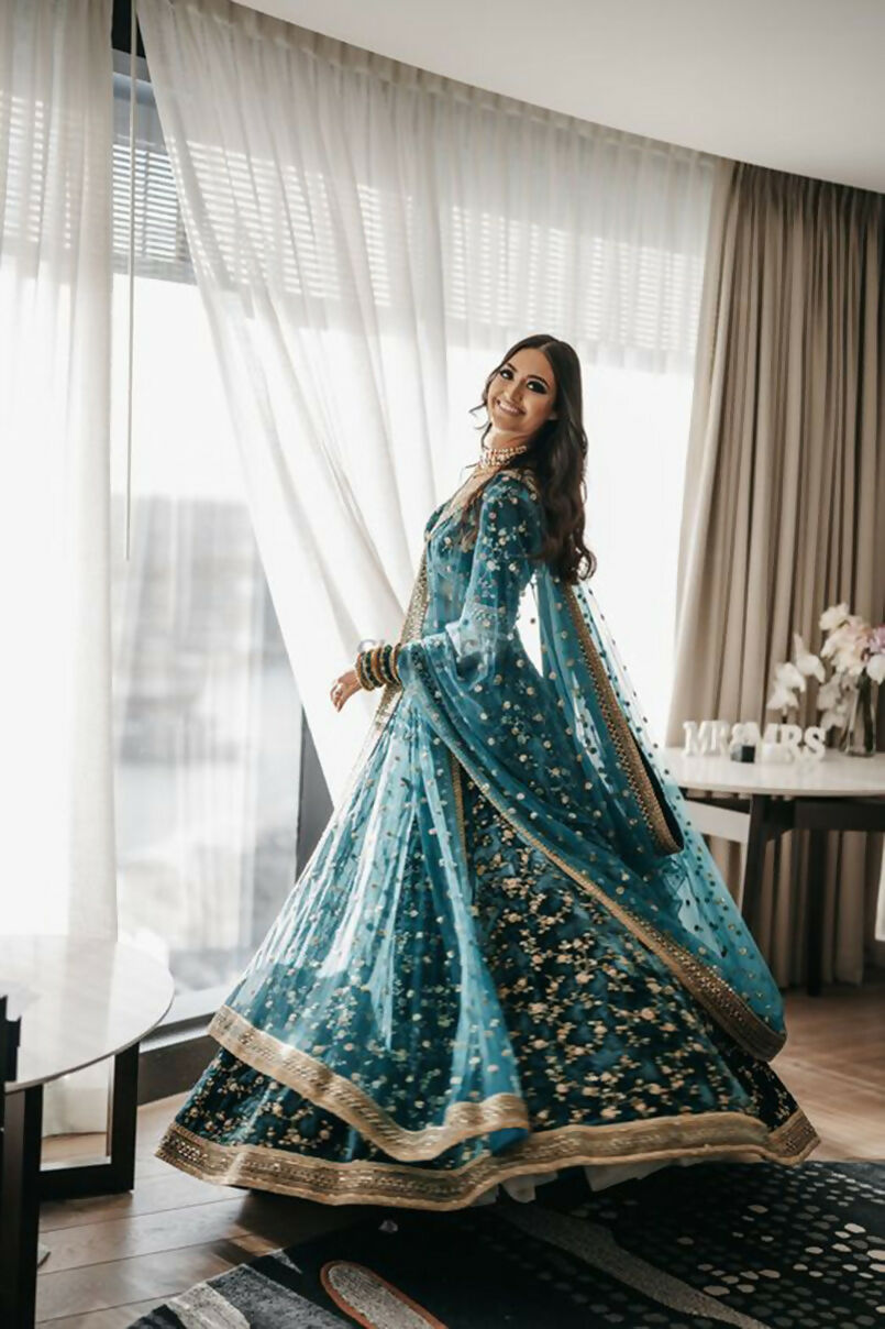 Jyoti Fashion Bottle Green Cording & Sequence Embroidery Velvet Lehenga Choli with Dupatta | Swadesiicart