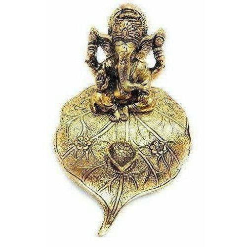Handicraft Ganesha Sitting on Leaf with Diya Gold-Polished for Home Decor - Swadesiicart