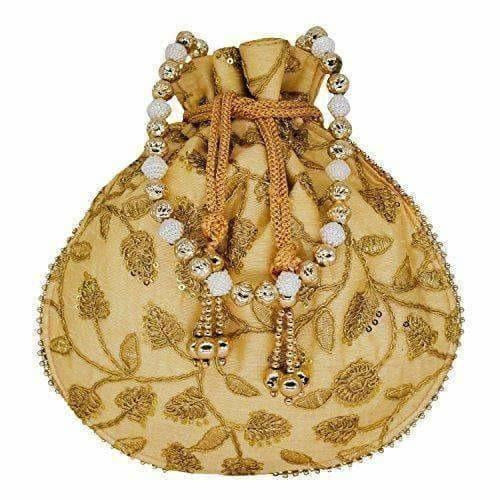 Ethnic Silk Potli bag Clutch Batwa Pouch with Embroidery and Metal Bead work Gift For Women - Swadesiicart