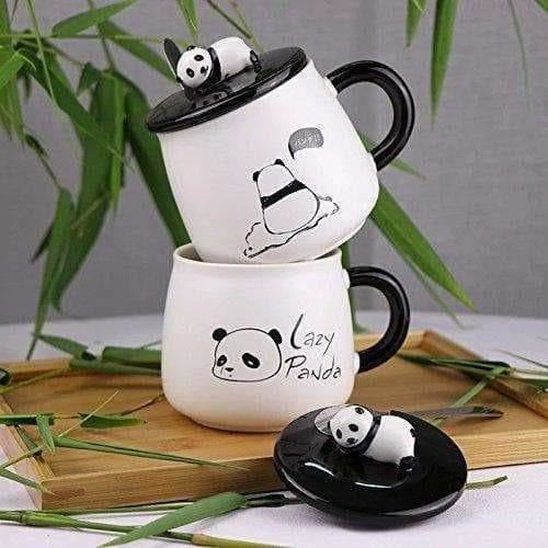 Panda Ceramic Mug with Ceramic Lid and Spoon(Random Design)-300 ML (Pack of 1) - Swadesiicart