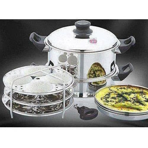 Round Steamer with Fry Pan,Steamer Idly & Dhokla Plate - Swadesiicart