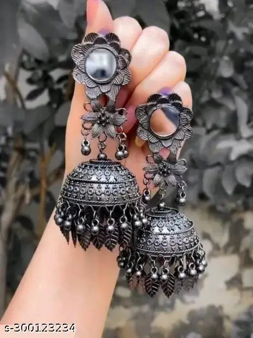 Tehzeeb Creations Women's Black Colour Oxidised Earrings With Mirror And Jhumki Style | Swadesiicart
