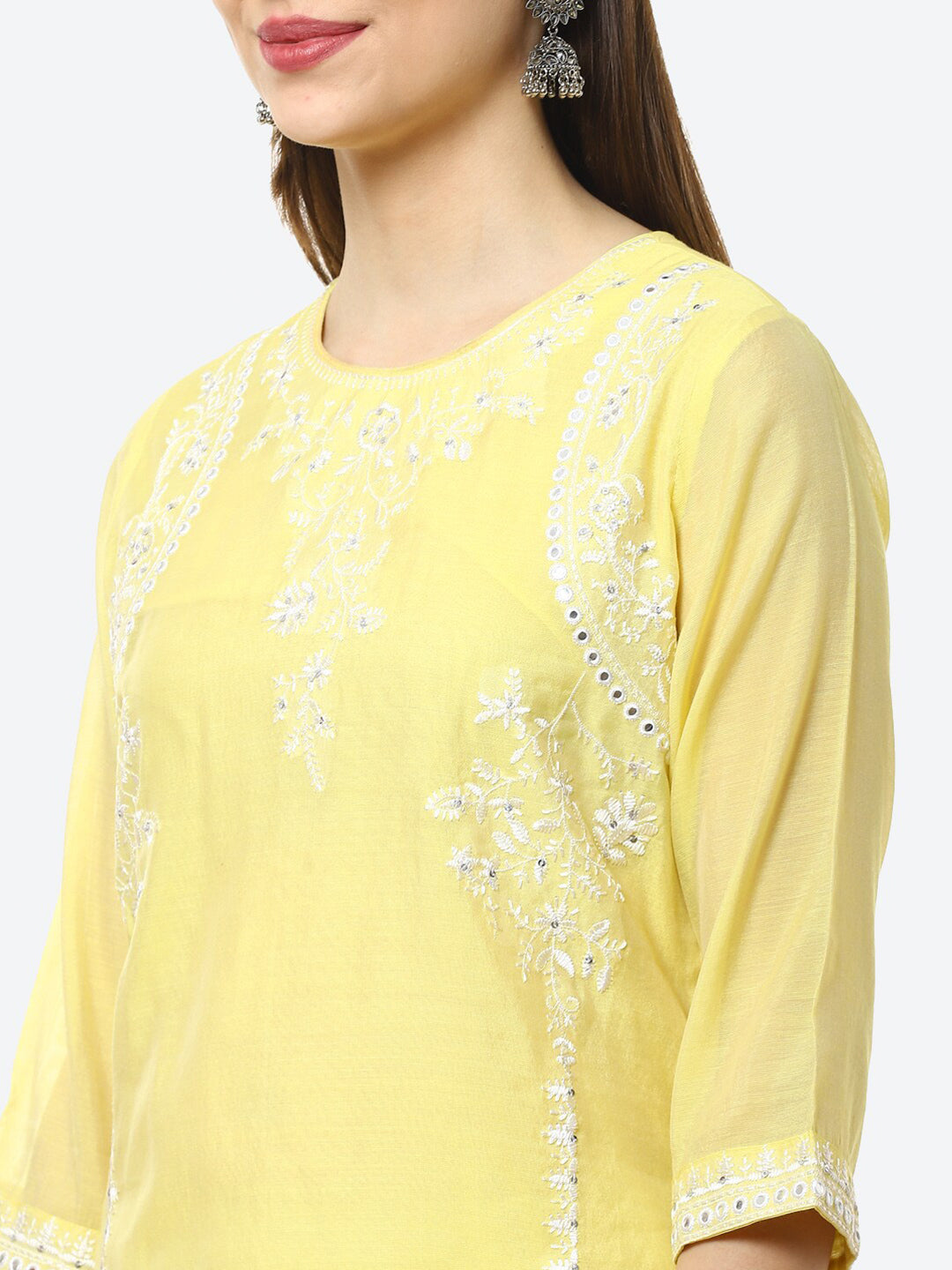 Biba Women Yellow Ethnic Motifs Embroidered Chikankari Kurta | Swadesiicart