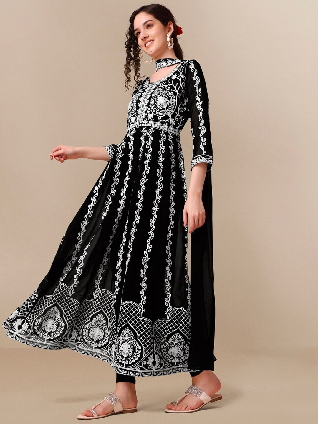 HERE&NOW Black Lucknowi Chikankari Embroidered Georgette Anarkali Kurta with Dupatta | Swadesiicart