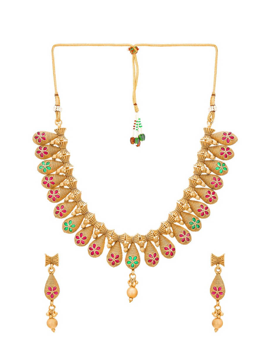 Aadita Gold-Polished Temple Choker Ruby Jewellery Set | Swadesiicart