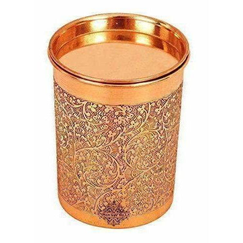 Copper Glass Tumbler with Lid Embossed Design - Swadesiicart